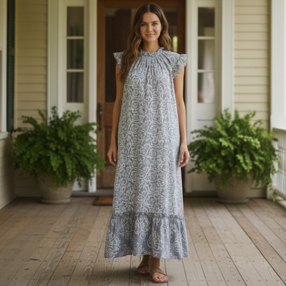 Anna Cate Emmaline Dress Midi Length Dusty Blue Ruffled Cotton Oversized Size L